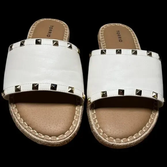 Torrid Women's Size 9WW White Leather Espadrilles Gold Studs Slides Plus Size - Picture 8 of 12